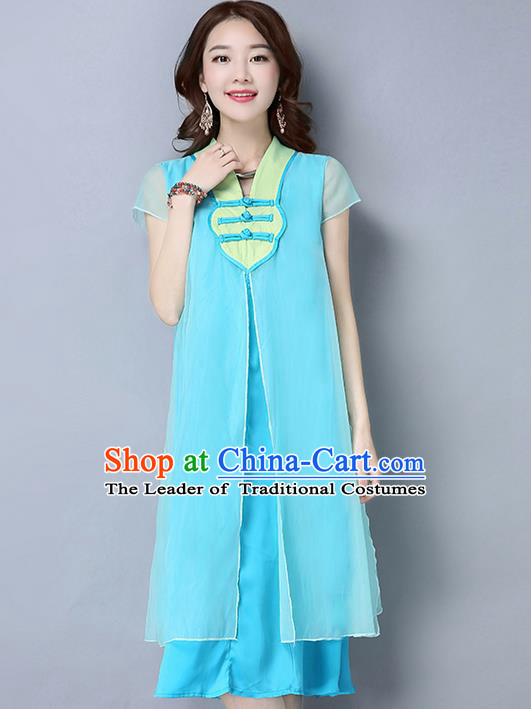 Traditional Ancient Chinese National Costume, Elegant Hanfu Chiffon Plated Buttons Blue Dress, China Tang Suit Chirpaur Cheongsam Elegant Dress Clothing for Women