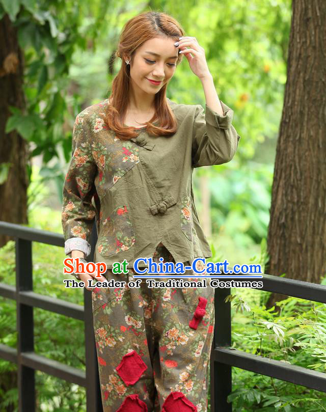 Traditional Chinese National Costume, Elegant Hanfu Joint Contrast Color Army Green Navy T-Shirt, China Tang Suit Republic of China Plated Buttons Blouse Cheongsam Upper Outer Garment Qipao Shirts Clothing for Women