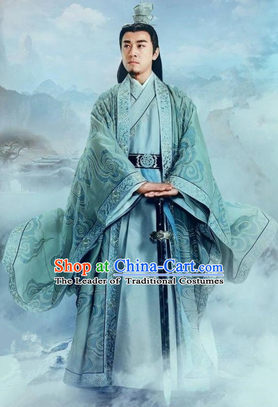 Traditional Ancient Chinese Elegant Swordsman Costume, Chinese Jiang hu Taoist Priest Dress, Cosplay Chinese Television Drama Jade Dynasty Qing Yun Faction Elders of the Owners Hanfu Embroidery Clothing for Men