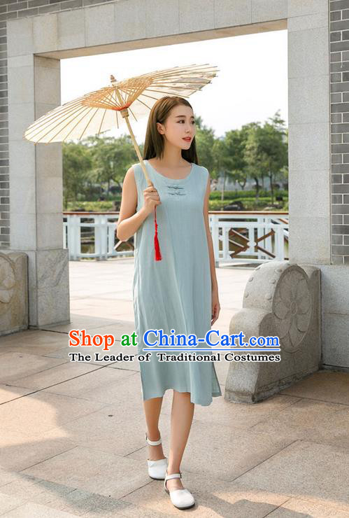 Traditional Ancient Chinese National Costume, Elegant Hanfu Mandarin Qipao Linen Blue Dress, China Tang Suit Chirpaur Republic of China Plated Buttons Cheongsam Elegant Dress Clothing for Women