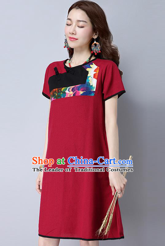 Traditional Ancient Chinese National Costume, Elegant Hanfu Mandarin Qipao Linen Red Gored Dress, China Tang Suit Chirpaur Republic of China Plated Buttons Cheongsam Elegant Dress Clothing for Women