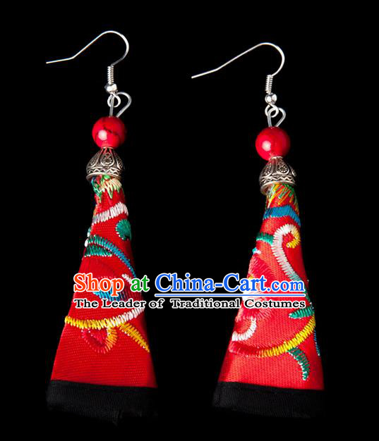 Traditional Chinese Miao Nationality Crafts, Hmong Handmade Miao Silver Embroidery Pink Earrings Pendant, China Ethnic Minority Eardrop Accessories Earbob Pendant for Women