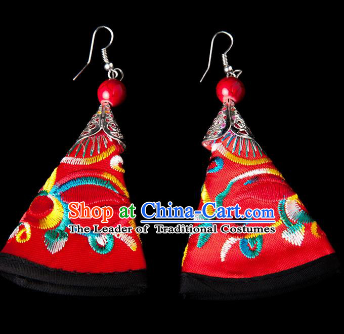 Traditional Chinese Miao Nationality Crafts, Yunnan Hmong Handmade Embroidery Flower Red Earrings Pendant, China Ethnic Minority Eardrop Accessories Earbob Pendant for Women