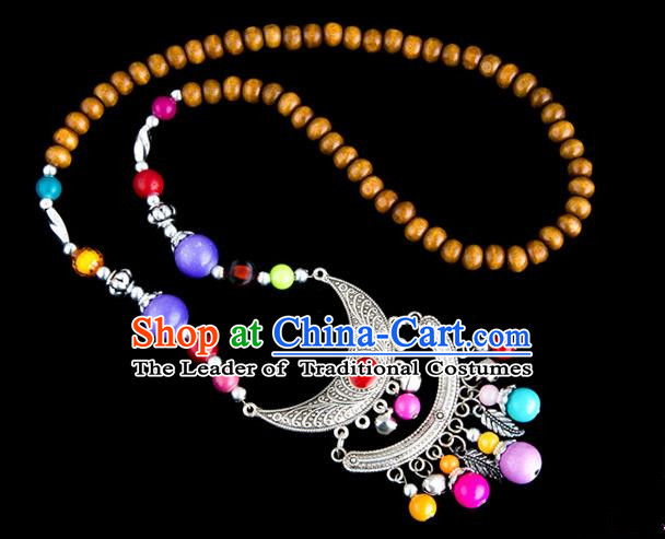 Traditional Chinese Zang Nationality Crafts, Hmong Handmade Tibet Log Beads Tassel Bells Sweater Chain, Tibetan Ethnic Minority Necklace Accessories Pendant for Women