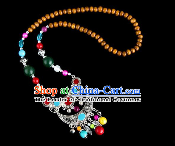 Traditional Chinese Zang Nationality Crafts, Hmong Handmade Tibet Log Beads Tassel Bells Sweater Chain, Tibetan Ethnic Minority Necklace Accessories Pendant for Women