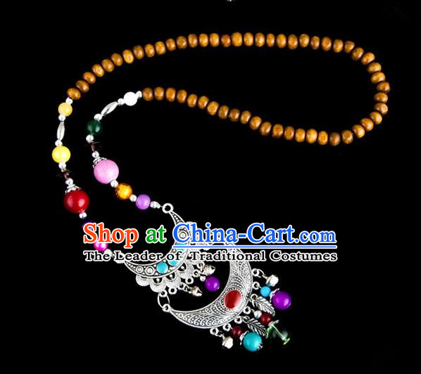 Traditional Chinese Zang Nationality Crafts, Hmong Handmade Tibet Log Beads Tassel Bells Sweater Chain, Tibetan Ethnic Minority Necklace Accessories Pendant for Women