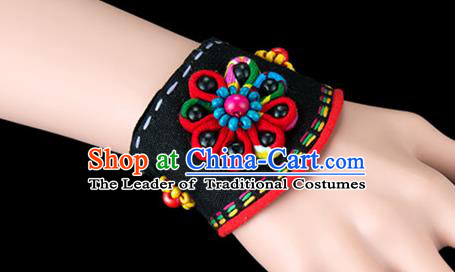 Traditional Chinese Miao Nationality Crafts, Yunan Hmong Handmade Bracelet Black Cuff Hand Decorative, China Miao Ethnic Minority Bangle Accessories for Women