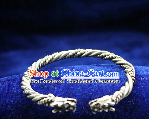 Traditional Chinese Miao Nationality Crafts Jewelry Accessory Bangle, Hmong Handmade Miao Silver Classical Dragon Bracelet, Miao Ethnic Minority Silver Bracelet Accessories for Women