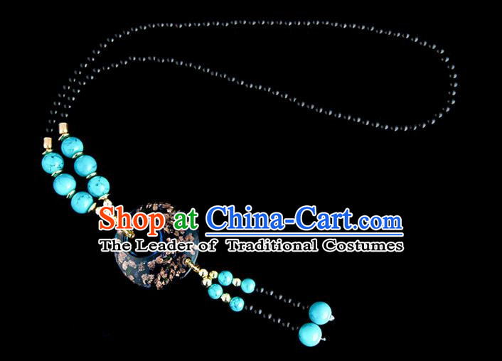 Traditional Chinese Miao Nationality Crafts, China Handmade Beads Blue Coloured Glaze Sweater Chain, China Miao Ethnic Minority Necklace Accessories Pendant for Women