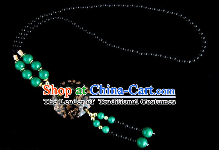 Traditional Chinese Miao Nationality Crafts, China Handmade Beads Deep Green Coloured Glaze Sweater Chain, China Miao Ethnic Minority Necklace Accessories Pendant for Women