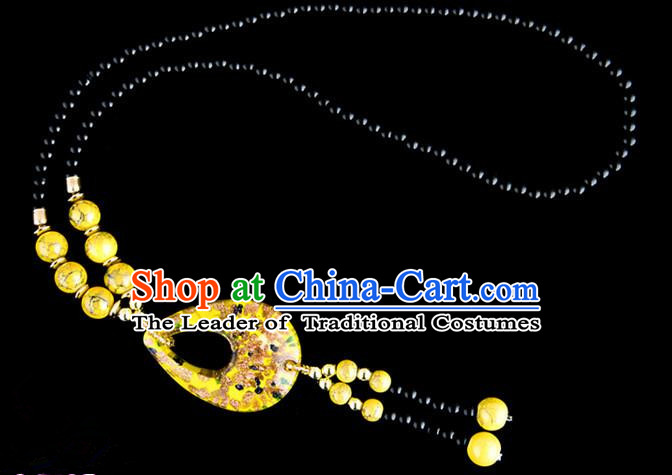 Traditional Chinese Zang Nationality Crafts, China Handmade Tibet Coloured Glaze Beads Yellow Drop-shaped Tassel Sweater Chain, Tibetan Ethnic Minority Necklace Accessories Pendant for Women