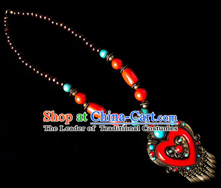 Traditional Chinese Zang Nationality Crafts, China Handmade Tibet Red Beads Heart-shaped Tassel Sweater Chain, Tibetan Ethnic Minority Necklace Accessories Pendant for Women