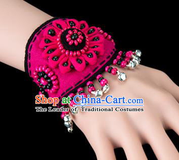 Traditional Chinese Miao Nationality Crafts, Yunan Hmong Handmade Flowers Bracelet Pink Cuff Bells Hand Decorative, China Miao Ethnic Minority Bangle Accessories for Women