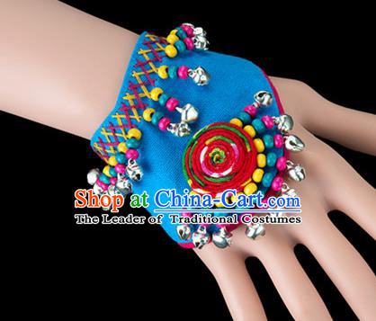 Traditional Chinese Miao Nationality Crafts, Yunan Hmong Handmade Blue Fabrics Bracelet Cuff Bells Hand Decorative, China Miao Ethnic Minority Bangle Accessories for Women