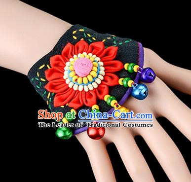 Traditional Chinese Miao Nationality Crafts, Yunan Hmong Handmade Red Fabrics Flower Bracelet Cuff Bells Hand Decorative, China Miao Ethnic Minority Bangle Accessories for Women