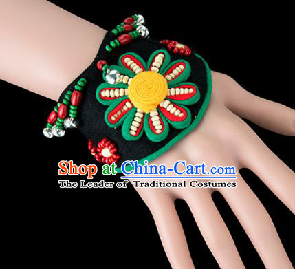 Traditional Chinese Miao Nationality Crafts, Yunan Hmong Handmade Black Fabrics Flower Bracelet Cuff Bells Hand Decorative, China Miao Ethnic Minority Bangle Accessories for Women