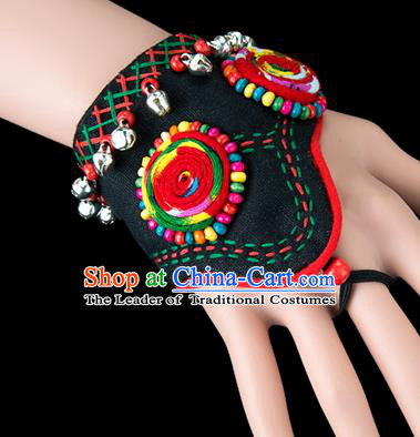 Traditional Chinese Miao Nationality Crafts, Yunnan Hmong Handmade Black Fabrics Bracelet Cuff Hand Decorative, China Miao Ethnic Minority Bangle Accessories for Women