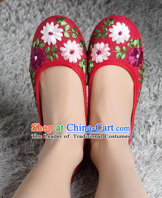 Traditional Chinese Shoes, China Handmade Linen Embroidered Red Shoes, Ancient Princess Cloth Shoes for Women