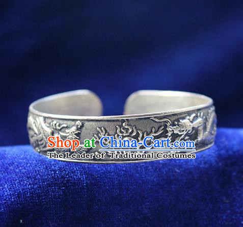 Traditional Chinese Miao Nationality Crafts Jewelry Accessory Bangle, Hmong Handmade Miao Silver Classical Dragon and Phoenixe Bracelet, Miao Ethnic Minority Silver Bracelet Accessories for Women