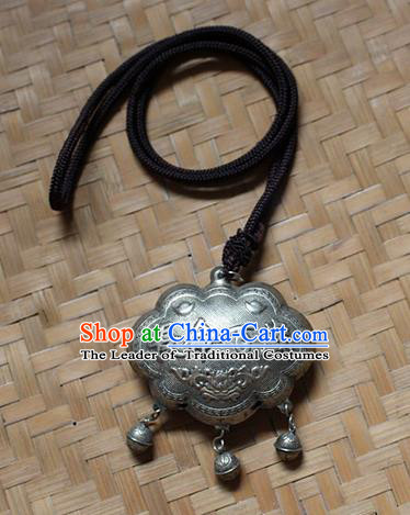 Traditional Chinese Miao Nationality Crafts Jewelry Accessory, Hmong Handmade Miao Silver Longevity Lock Bells Pendant, Miao Ethnic Minority Necklace Accessories Sweater Chain Pendant for Women