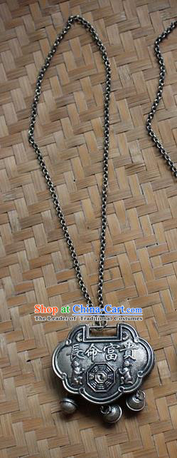 Traditional Chinese Miao Nationality Crafts Jewelry Accessory, Hmong Handmade Miao Silver Longevity Lock Bells Pendant, Miao Ethnic Minority Necklace Accessories Sweater Chain Pendant for Women