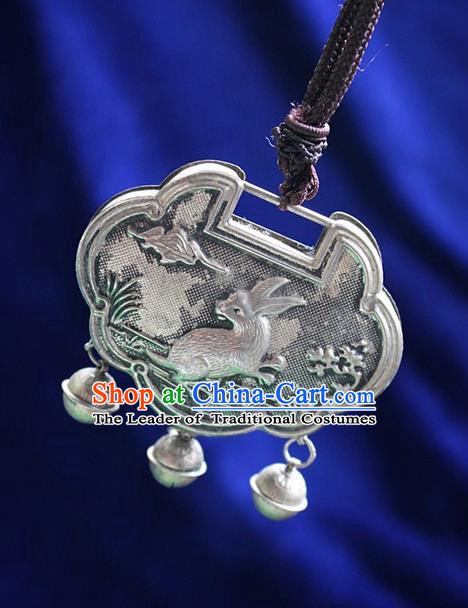 Traditional Chinese Miao Nationality Crafts Jewelry Accessory, Hmong Handmade Miao Silver Longevity Lock Bells Pendant, Miao Ethnic Minority Necklace Accessories Sweater Chain Pendant for Women