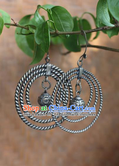 Traditional Chinese Miao Nationality Crafts Jewelry Accessory Classical Earbob Accessories, Hmong Handmade Miao Silver Palace Annulus Earrings, Miao Ethnic Minority Eardrop for Women