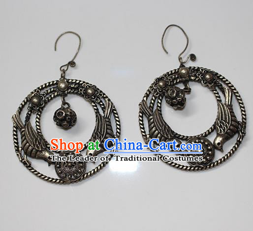 Traditional Chinese Miao Nationality Crafts Jewelry Accessory Classical Earbob Accessories, Hmong Handmade Miao Silver Birds Palace Lady Earrings, Miao Ethnic Minority Eardrop for Women