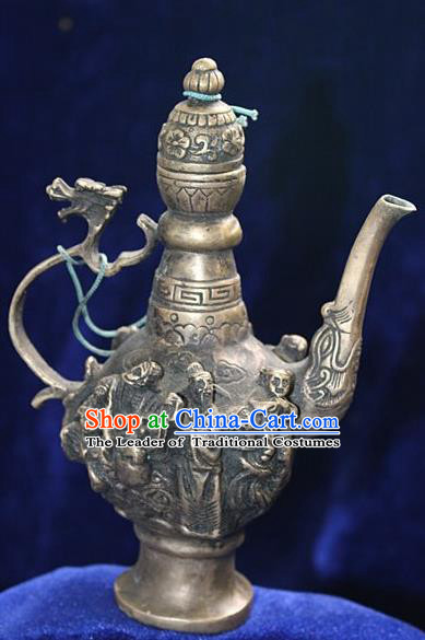 Traditional Chinese Miao Nationality Crafts Decoration Accessory Bronze Flagon, Hmong Handmade Dragon Flagon Ornaments, Miao Ethnic Minority Exorcise Evil Wine Pot