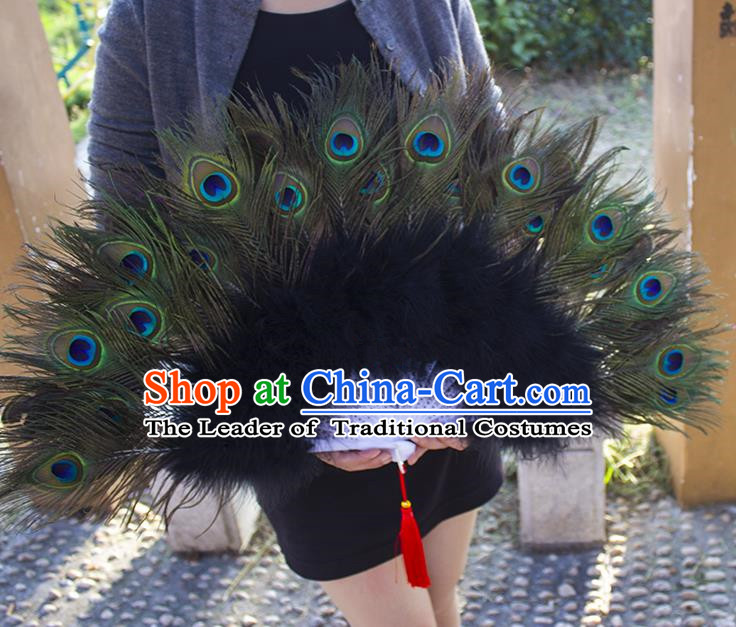 Traditional Handmade Chinese Classical Peacock Feather Fans, China Folk Dance Fan Dance Stage Performance Fan for Women