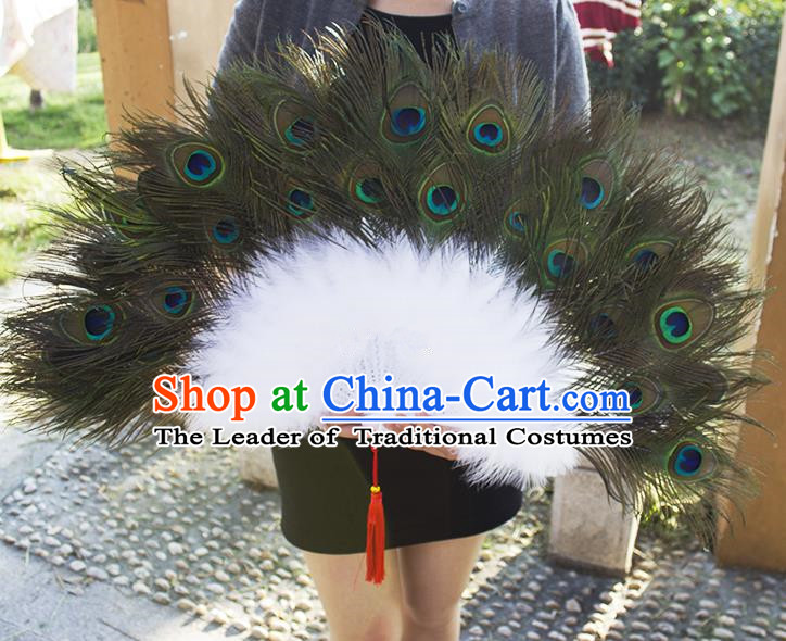 Traditional Handmade Chinese Classical Peacock Feather Fans, China Folk Dance Fan Dance Stage Performance Fan for Women