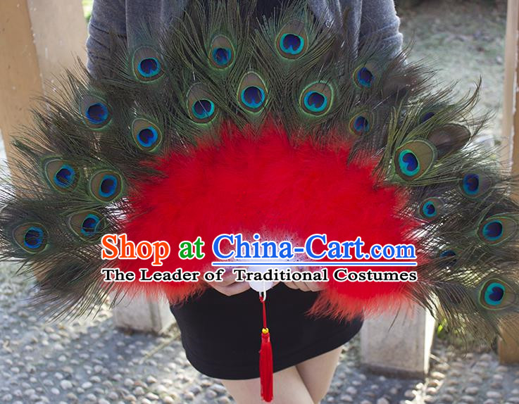 Traditional Handmade Chinese Classical Peacock Feather Fans, China Folk Dance Fan Dance Stage Performance Fan for Women