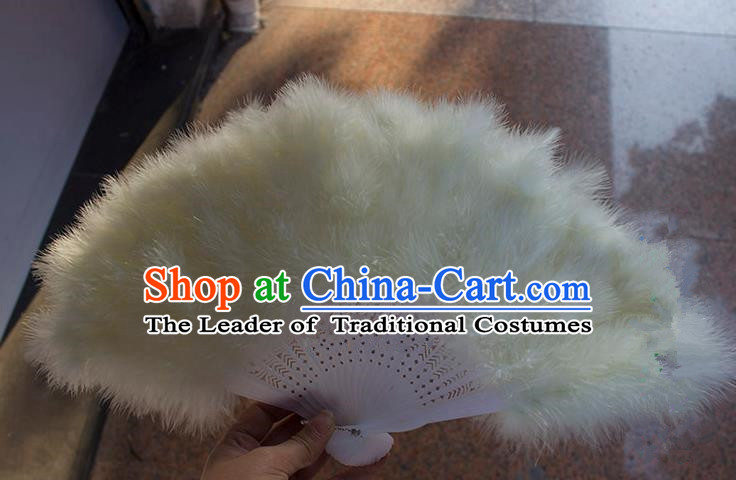 Traditional Handmade Chinese Classical Feather Fans, China Folk Dance Fan Dance Stage Performance Beige Fan for Women