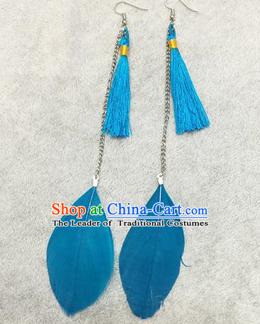 Chinese Classicla Jewelry Accessory Earbob Accessories, Handmade Blue Feather Tassel Earrings Eardrop for Women