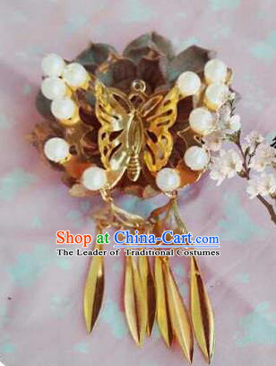 Traditional Handmade Chinese Ancient Classical Hair Accessories, Han Dynasty Barrettes Pearl Butterfly Hairpin, Hanfu Hair Sticks Tassel Hair Jewellery, Hair Fascinators Hairpins for Women