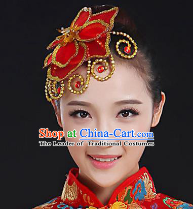 Traditional Handmade Chinese Yangge Fan Dancing Classical Hair Accessories, Folk Dance Yangko Peacock Dance Red Flower Headwear For Women