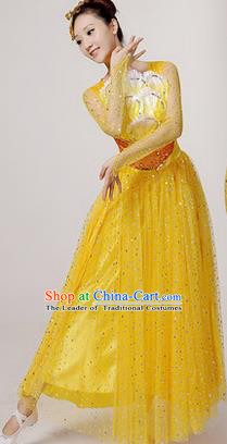 Traditional Chinese Modern Dancing Costume, Women Opening Classic Stage Performance Chorus Singing Group Dance Paillette Costume, Folk Dance Yangko Costume, Modern Dance Long Yellow Peony Dress for Women