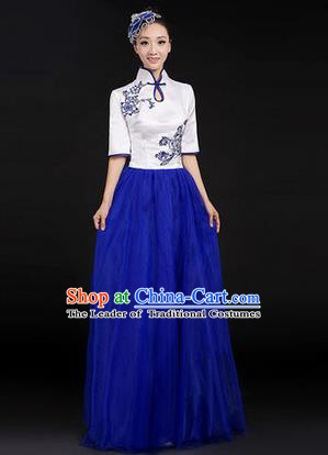 Traditional Chinese Modern Dancing Costume, Women Opening Classic Chorus Singing Group Dance Paillette Costume, Modern Dance Long Blue Mandarin Collar Dress for Women