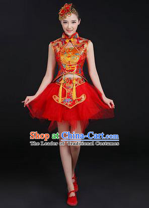 Traditional Chinese Modern Dancing Costume, Women Opening Classic Chorus Singing Group Dance Costume, Modern Dance Mandarin Collar Bubble Red Dress for Women