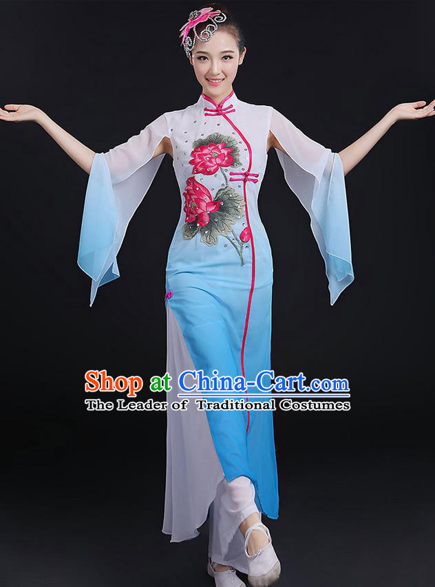 Traditional Chinese Yangge Fan Dancing Costume, Opening Dance Costume, Classic Dance Folk Lotus Dance Yangko Costume Drum Dance Blue Clothing for Women