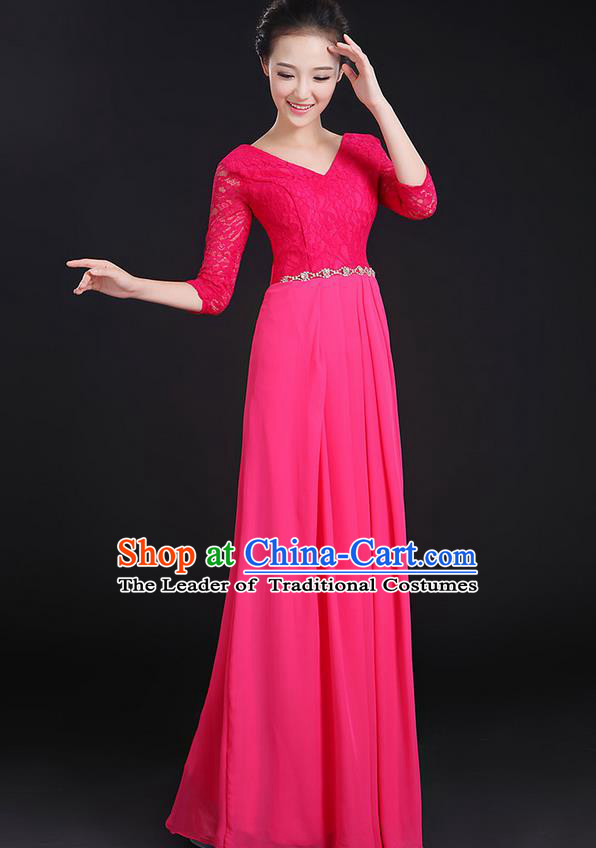 Traditional Chinese Modern Dancing Costume, Women Opening Classic Chorus Singing Group Dance Lace Clothing, Modern Dance Long Pink Dress for Women