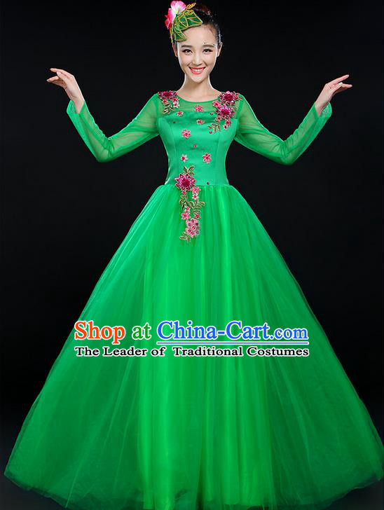 Traditional Chinese Modern Dancing Costume, Women Opening Classic Chorus Singing Group Dance Costume, Modern Dance Big Swing Embroidered Green Long Dress for Women