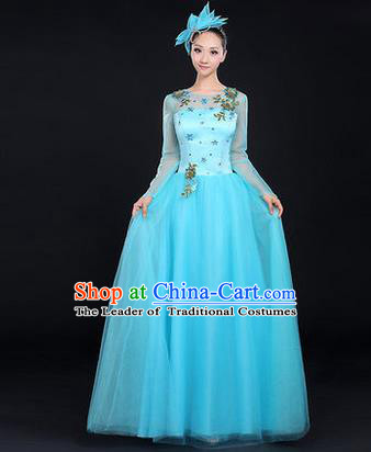 Traditional Chinese Modern Dancing Costume, Women Opening Classic Chorus Singing Group Dance Costume, Modern Dance Big Swing Embroidered Blue Long Dress for Women