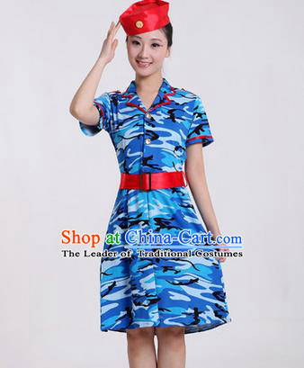 Traditional Chinese Modern Dancing Costume, Women Opening Classic Chorus Singing Group Dance Costume, Modern Dance Camouflage Blue Dress for Women