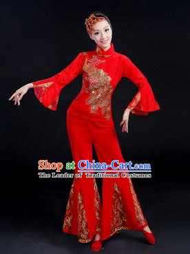 Traditional Chinese Yangge Fan Dancing Costume, Folk Dance Yangko Paillette Phoenix Uniforms, Classic Dance Dress Drum Dance Red Clothing for Women