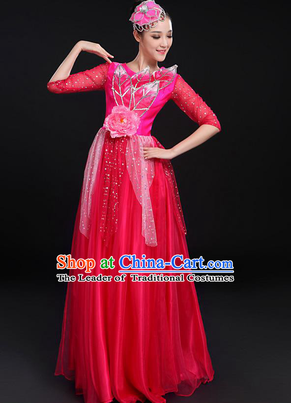 Traditional Modern Dancing Costume, Women Opening Classic Chorus Singing Group Dance Bubble Uniforms, Modern Dance Long Paillette Peony Pink Dress for Women