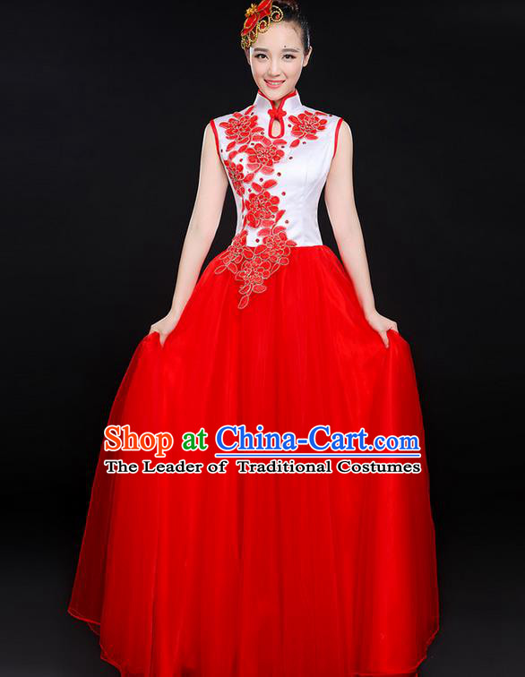 Traditional Modern Dancing Costume, Women Opening Classic Chorus Singing Group Dance Bubble Uniforms, Modern Dance Long Embroidered Cheongsam Dress for Women