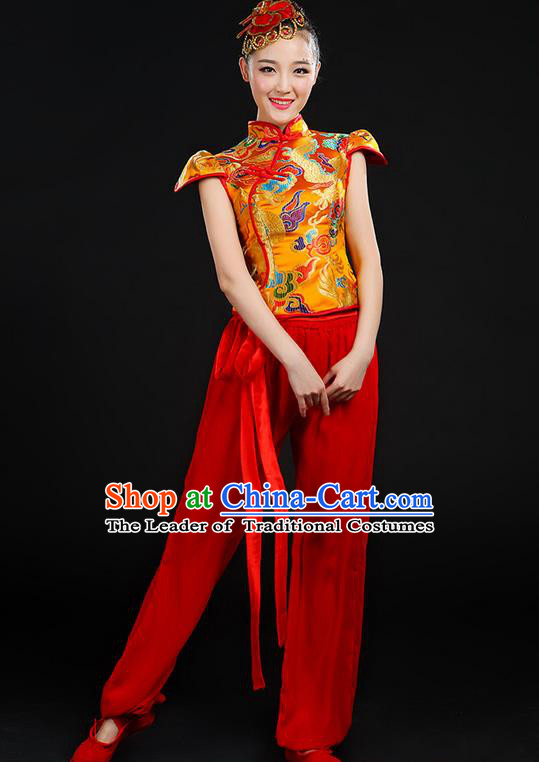 Traditional Chinese Yangge Fan Dancing Costume, Folk Dance Yangko Mandarin Collar Uniforms, Classic Dance Elegant Dress Drum Dance Painting Dragon Golden Clothing for Women