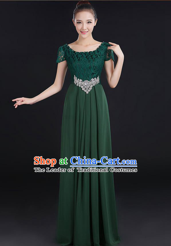 Traditional Modern Dancing Compere Costume, Women Opening Classic Chorus Singing Group Dance Uniforms, Modern Dance Lace Long Atrovirens Dress for Women