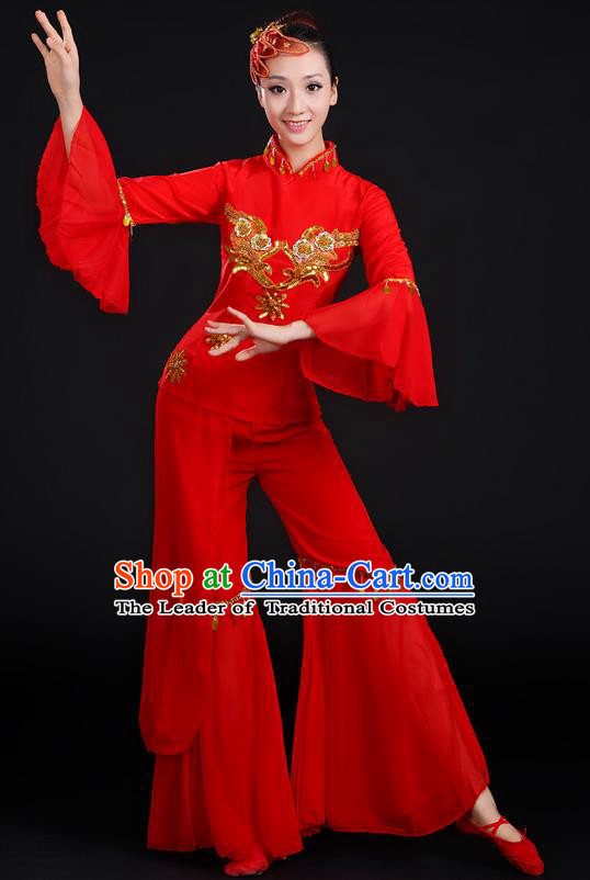 Traditional Chinese Yangge Fan Dancing Costume, Folk Dance Yangko Uniforms, Classic Dance Elegant Dress Drum Dance Paillette Red Clothing for Women